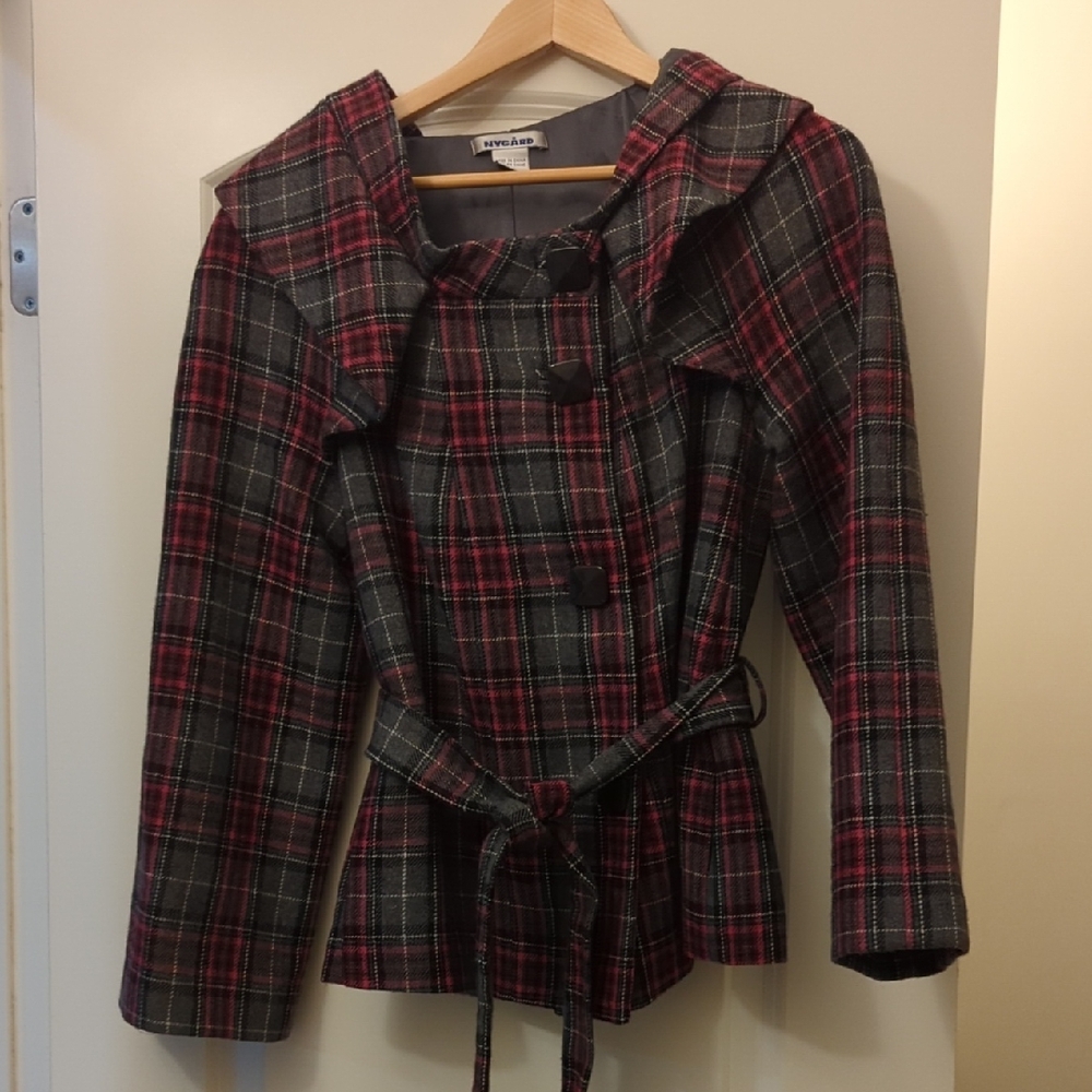 Nygard Stylish Plaid Wool Coat with Belt Size 10 Pink and Gray Plaid